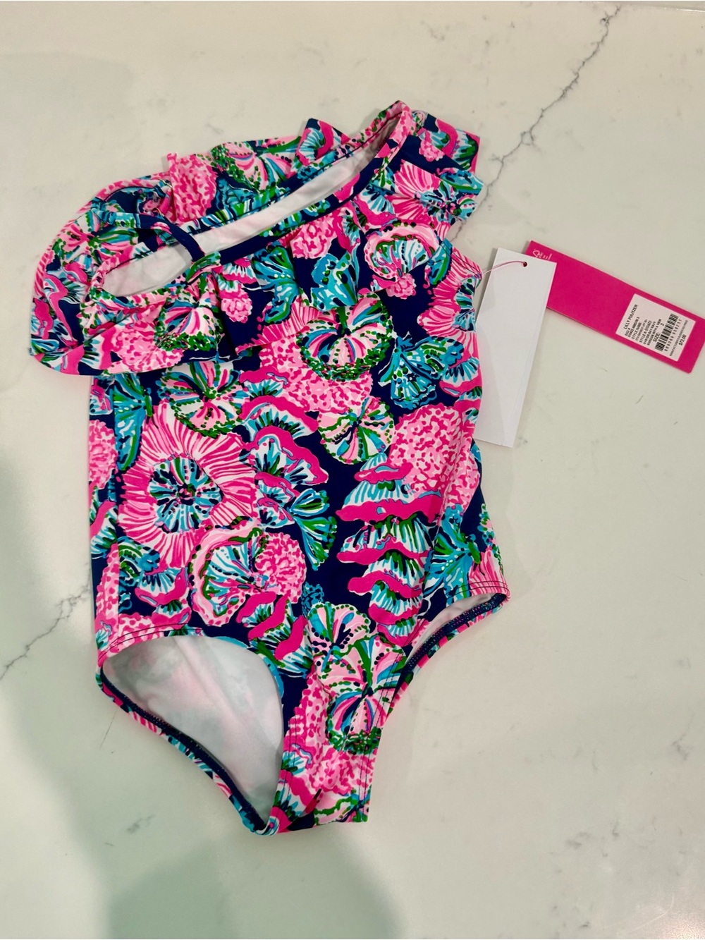 Lilly Pulitzer One-Shoulder Ruffle Swimsuit - Pink & Blue Floral NWT Size 3
